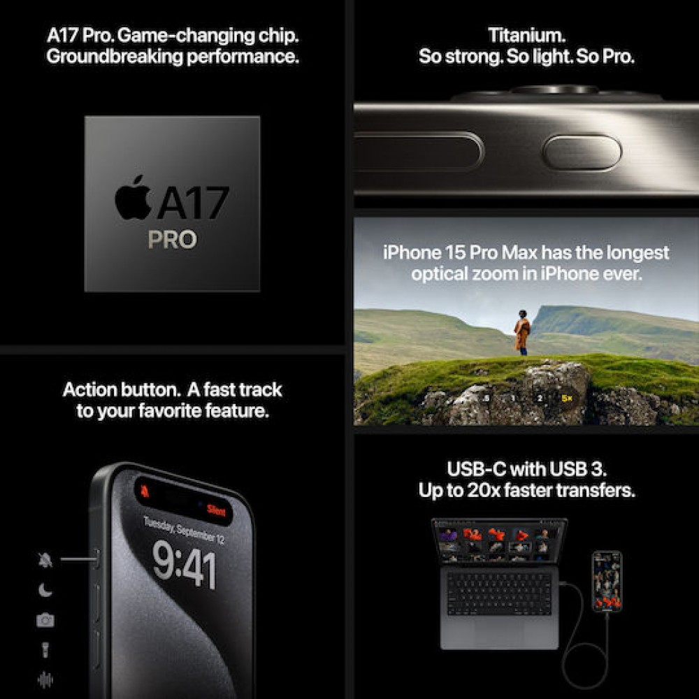 Apple iPhone 16 Pro 5G (8GB/128GB) Black Titanium Εκθεσιακό NEW Open Box (Εργοστασιακή Εγγύηση Έως 16/09/26) 100% Battery